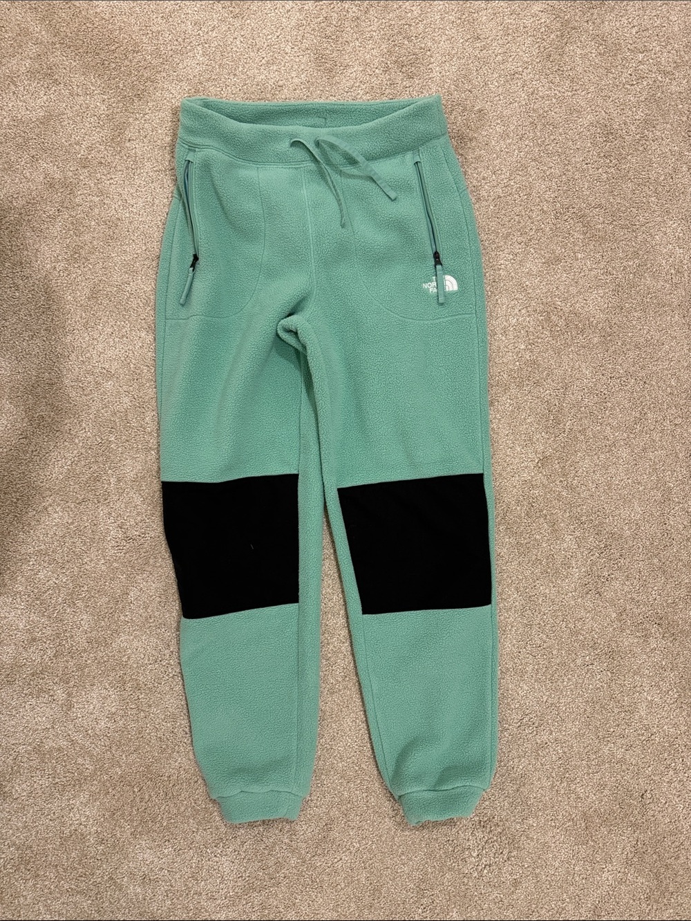 The North Face Seafoam Green Fleece Joggers with Black Knee Panels